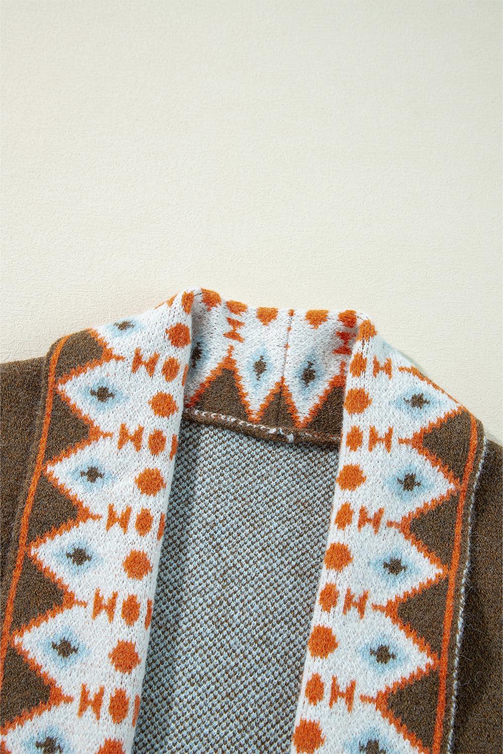 Orange Printed Aztec Print Open Front Knitted Cardigan