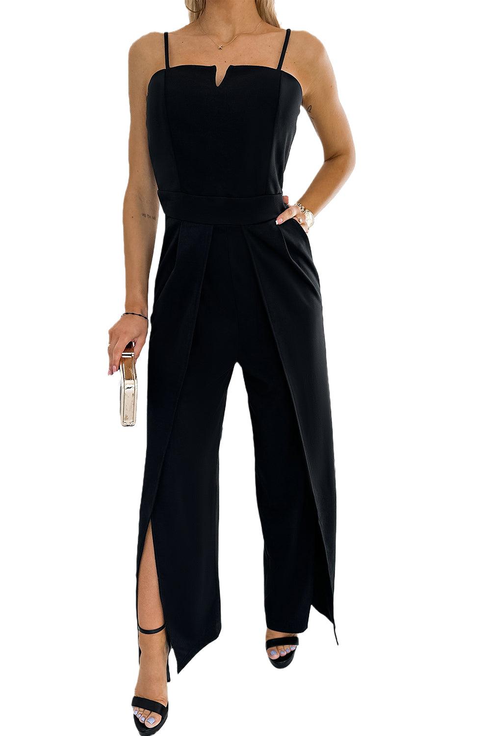 Black Spaghetti Straps Slit Leg Jumpsuit with Pockets