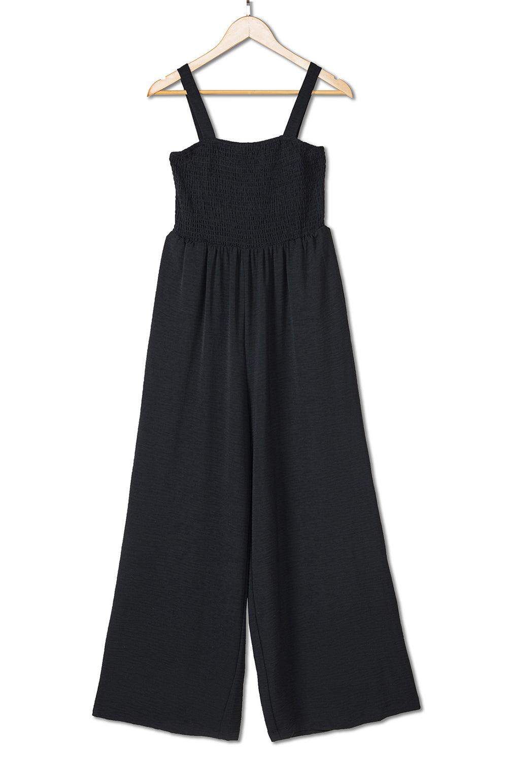 Black Smocked Sleeveless Wide Leg Jumpsuit with Pockets