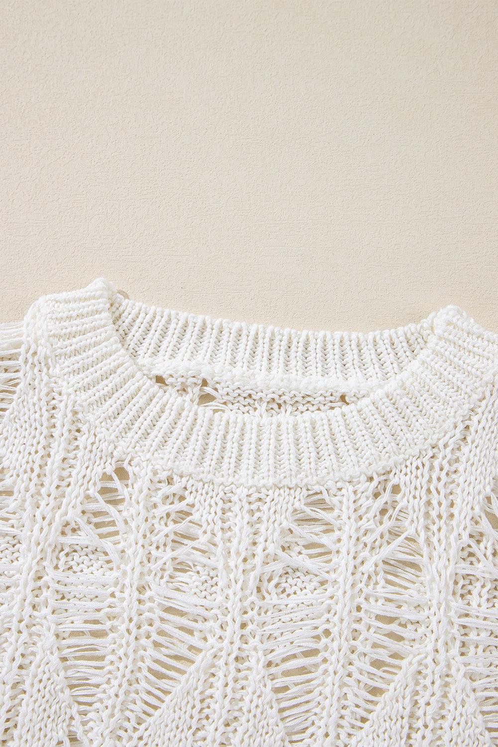 White Cut Out Crochet Crew Neck Loose Fit Sweater