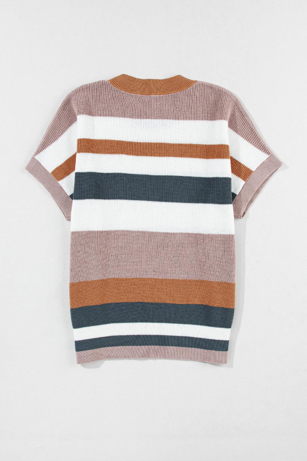 Camel Striped Knit Crew Neck T Shirt Sweater