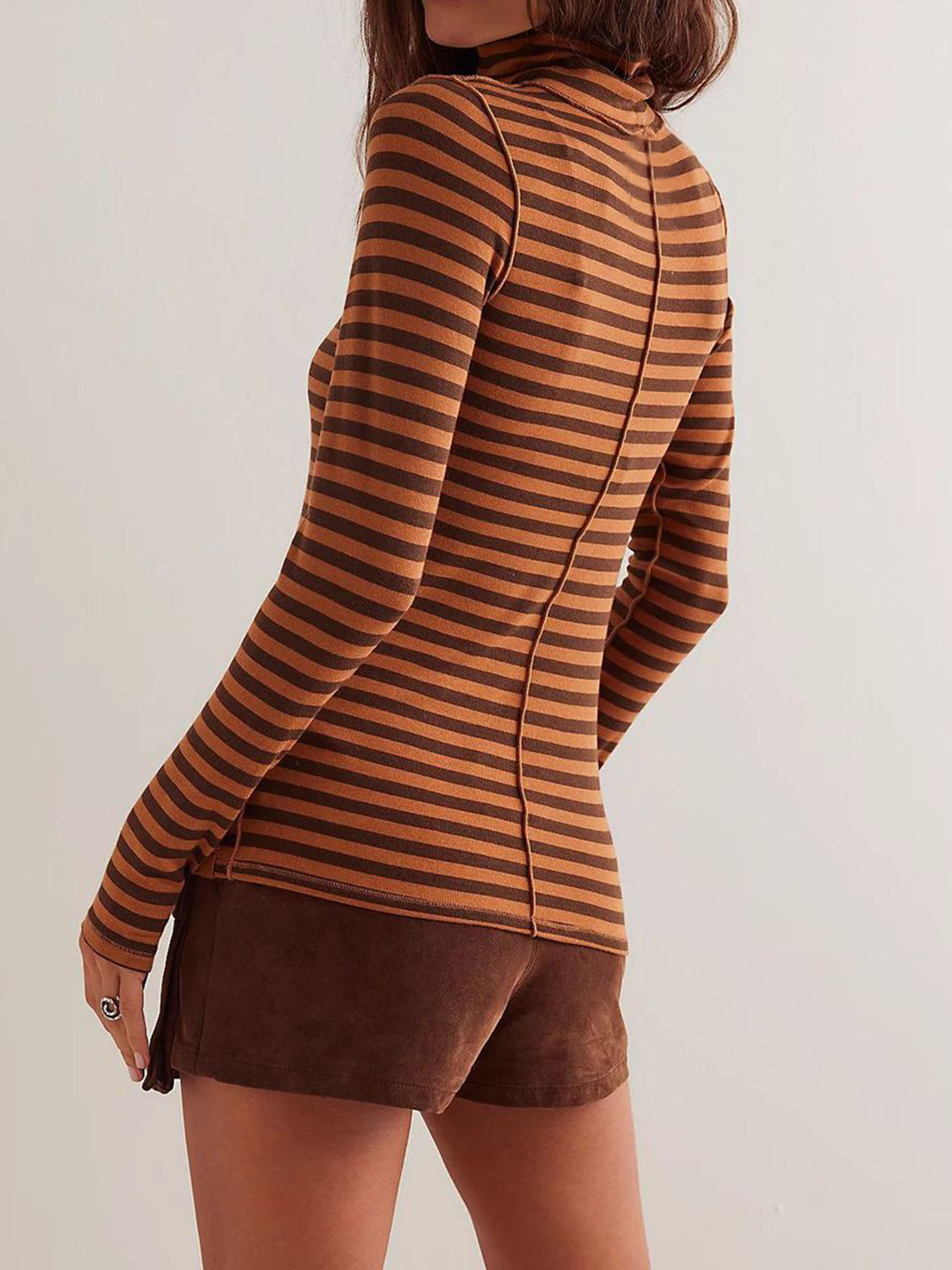 Exposed Seam Striped Turtleneck Long Sleeve T-Shirt