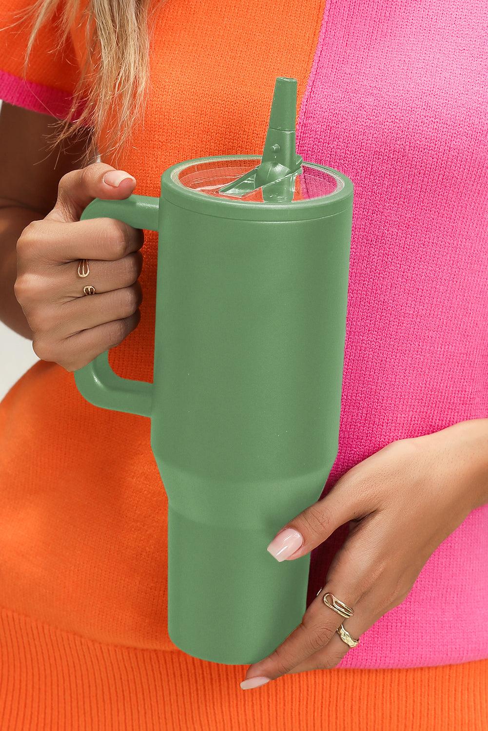 Dark Green Frosted Stainless Handle Large Vacuum Cup with Straw 40oz