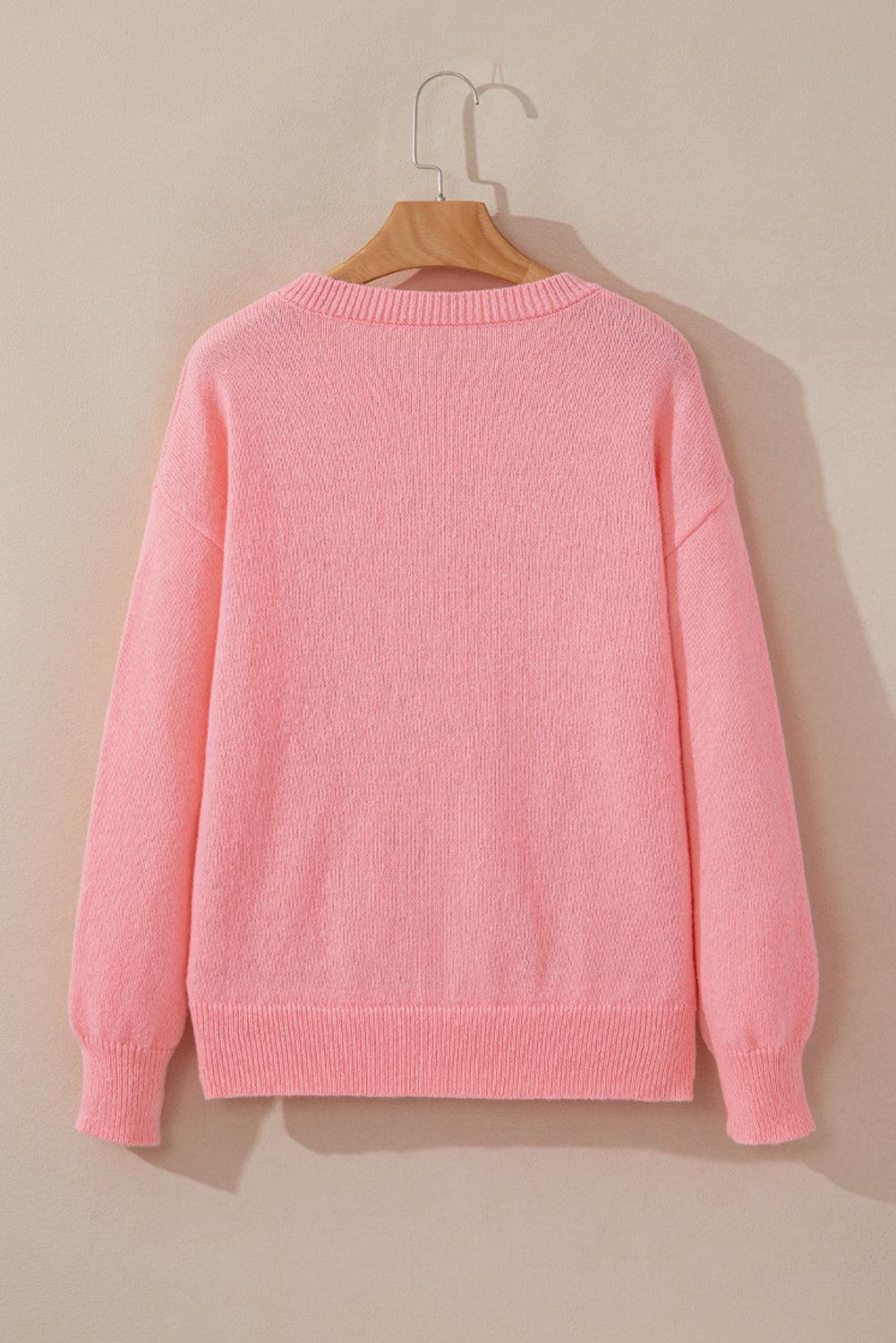 Pink Howdy Heart Graphic Round Neck Casual Sweater