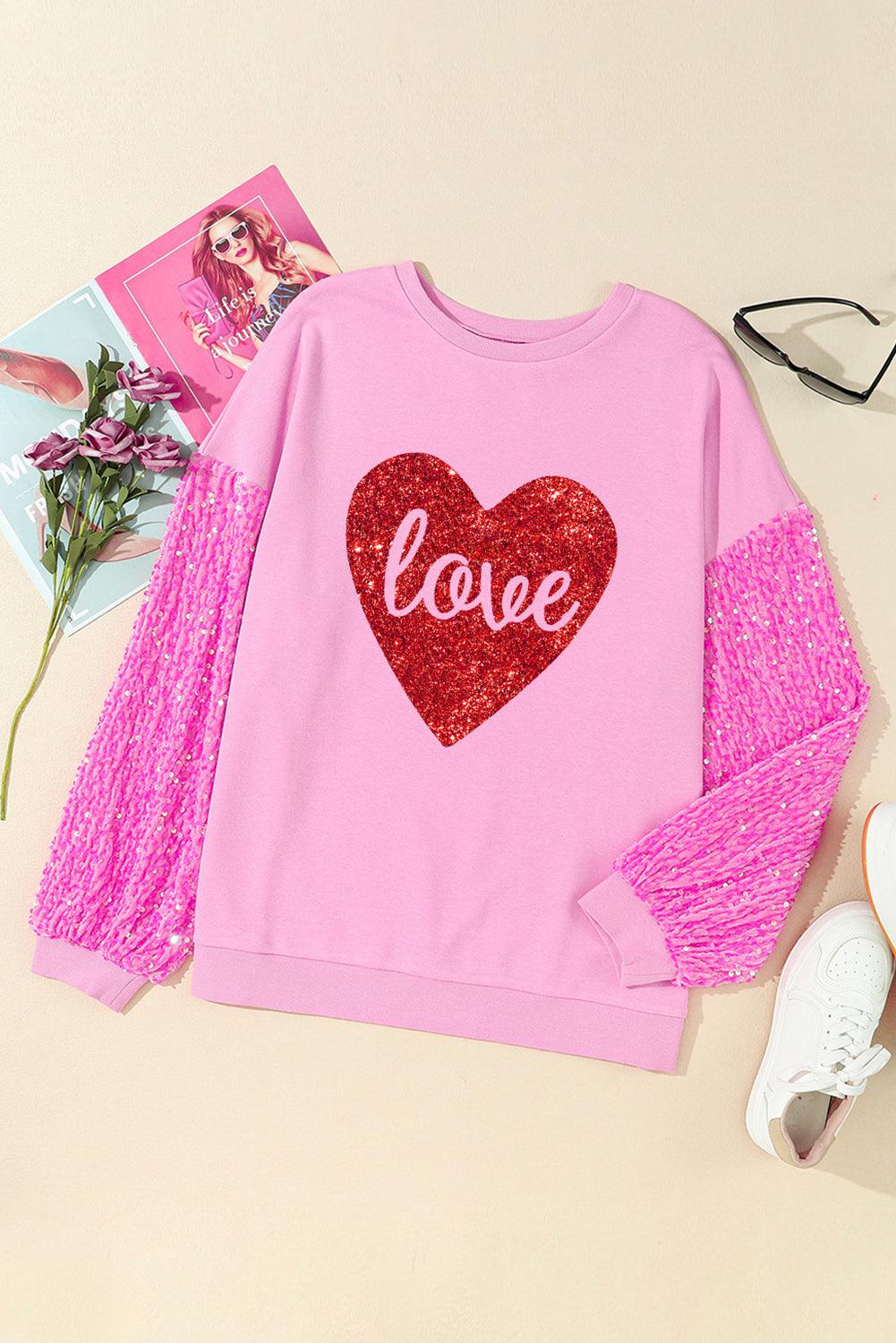 Pink  LOVE Chenille  Sequin Sleeve Top