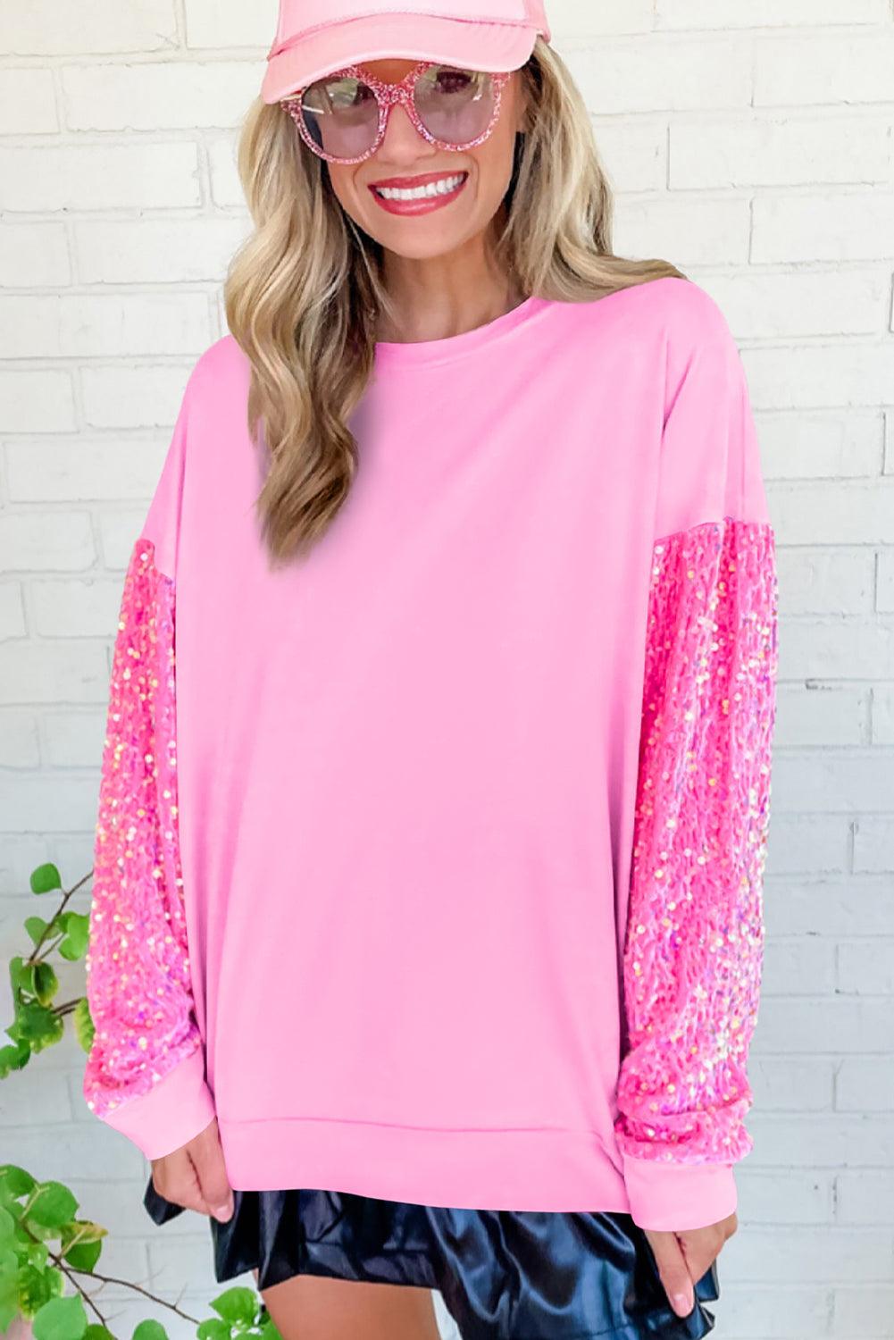 Pink  LOVE Chenille  Sequin Sleeve Top