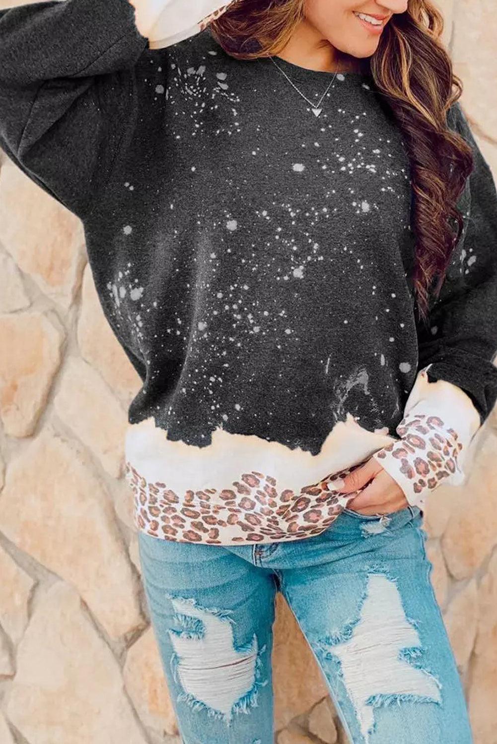 Leopard Bleached Heart Graphic Pullover Sweatshirt