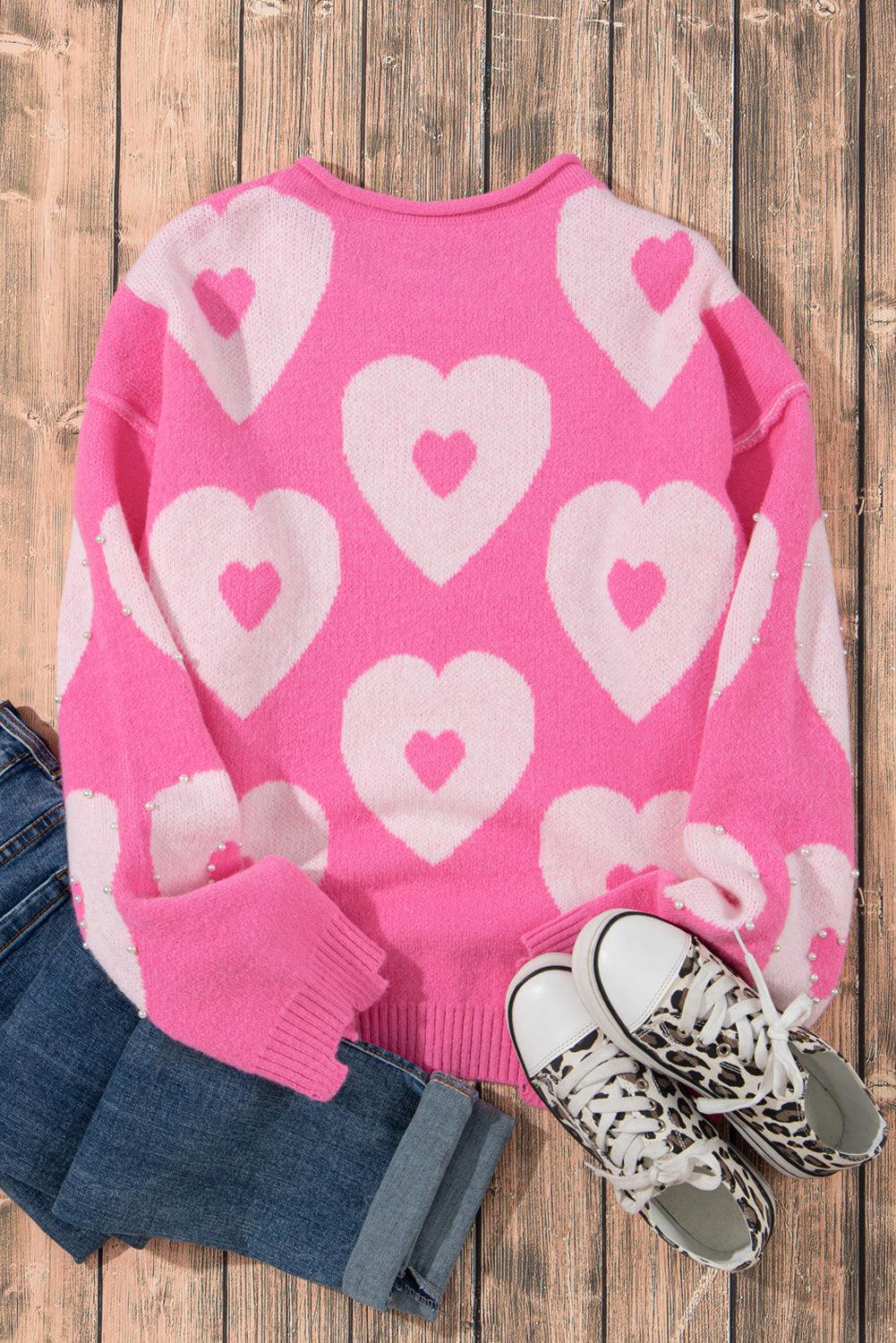 Bonbon Pearl Beaded Heart Drop Shoulder Sweater