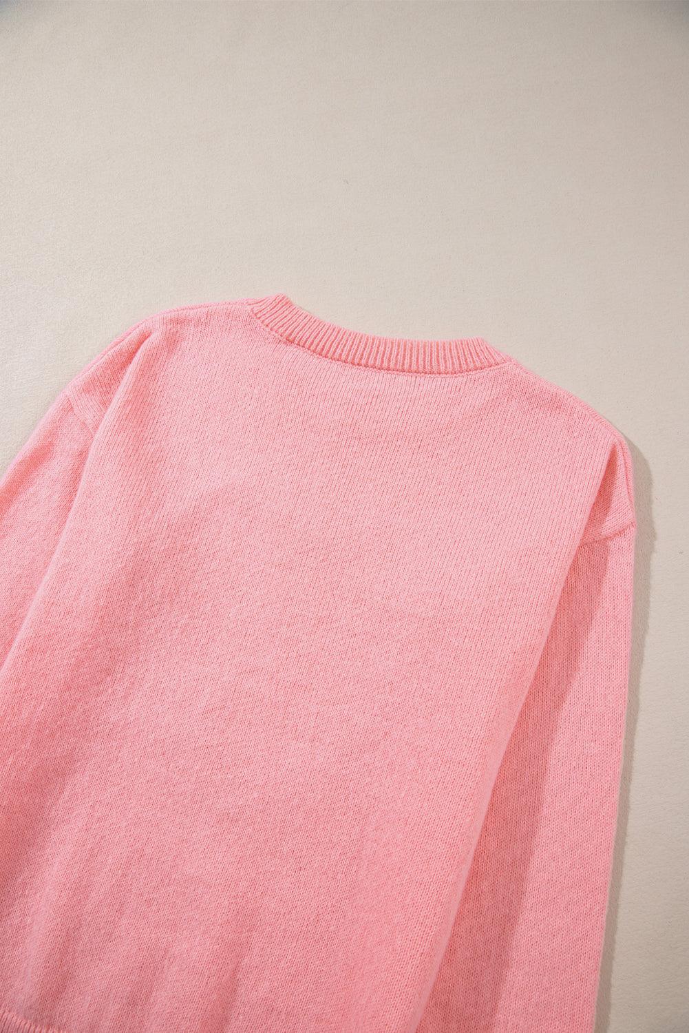 Pink Howdy Heart Graphic Round Neck Casual Sweater