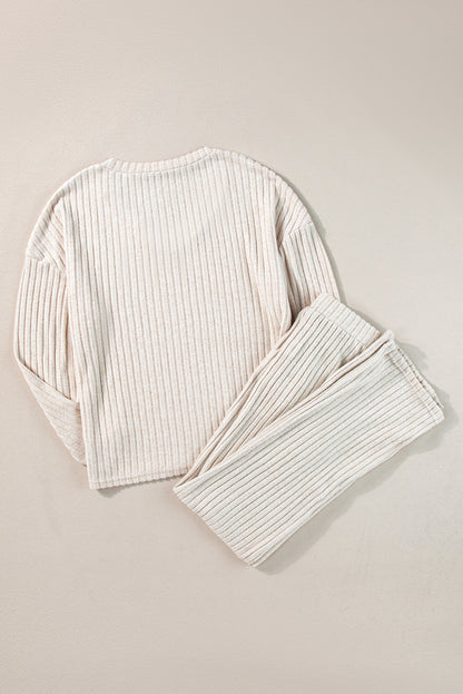 Ribbed Knit Bell Sleeve Crop Top Drawstring Pants Set