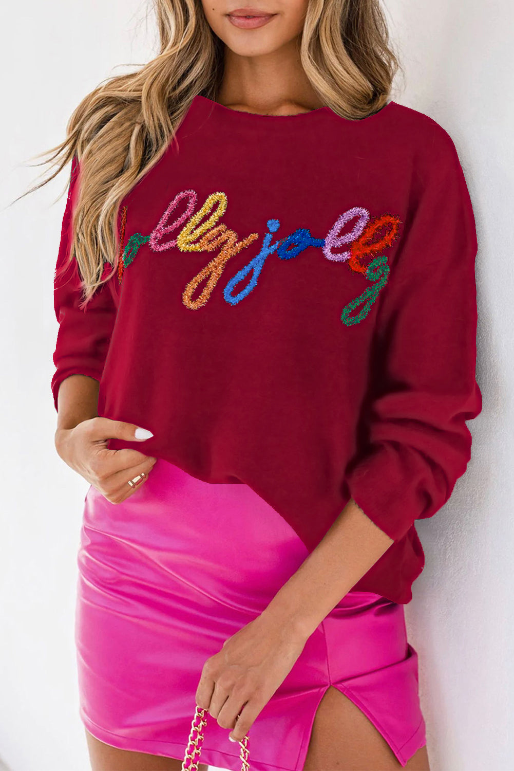 Pink Howdy Heart Graphic Round Neck Casual Sweater