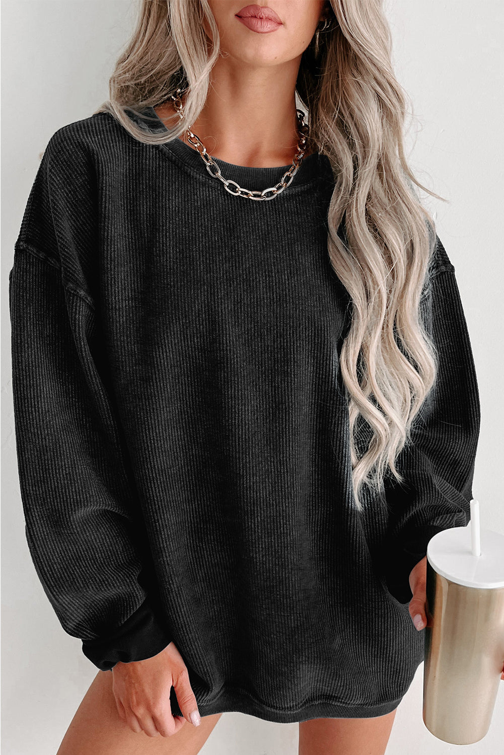 Black Sequin LOVE Chenille Embroidered Graphic Corded Sweatshirt