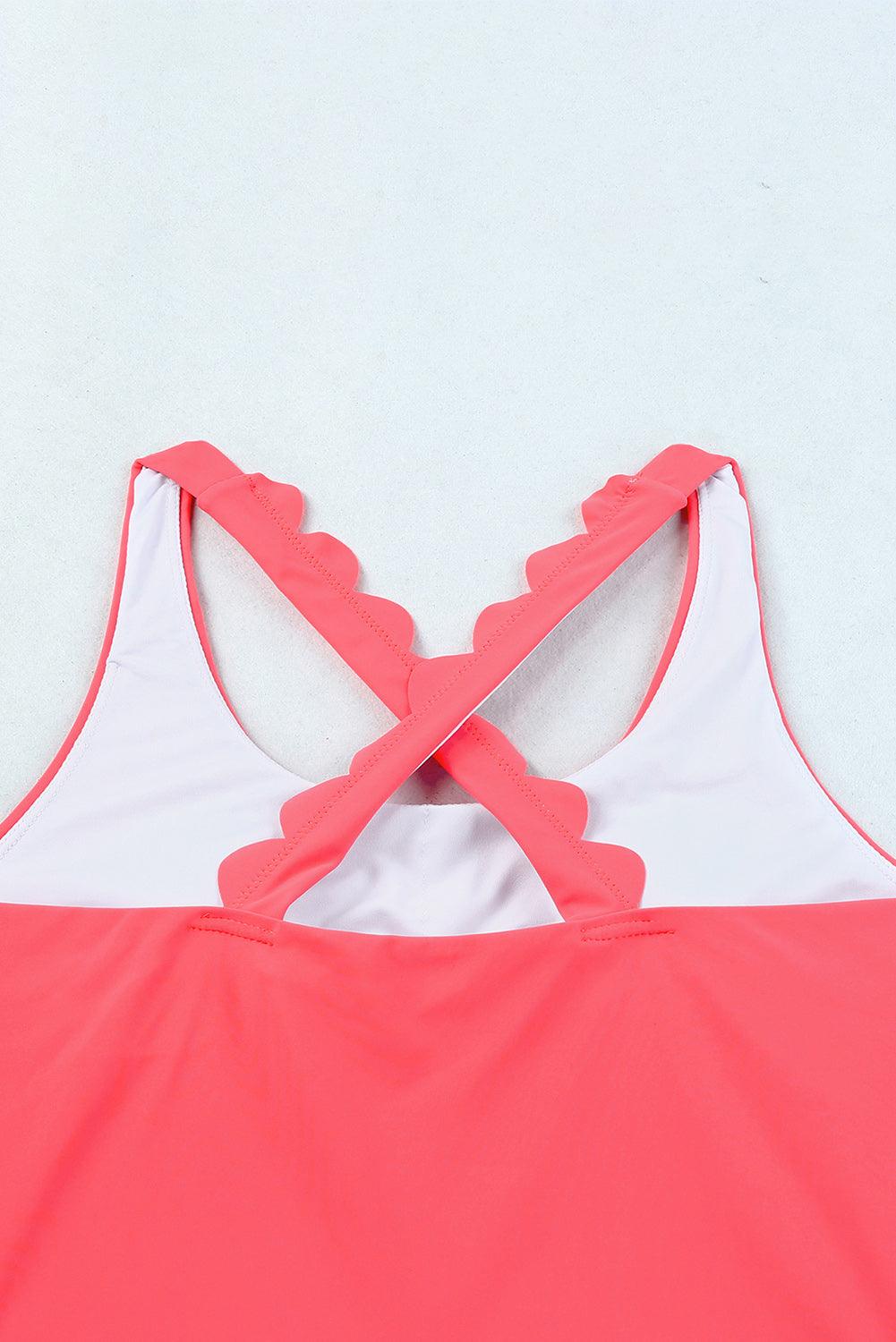 Pink Scalloped Criss Cross High Waist Bikini