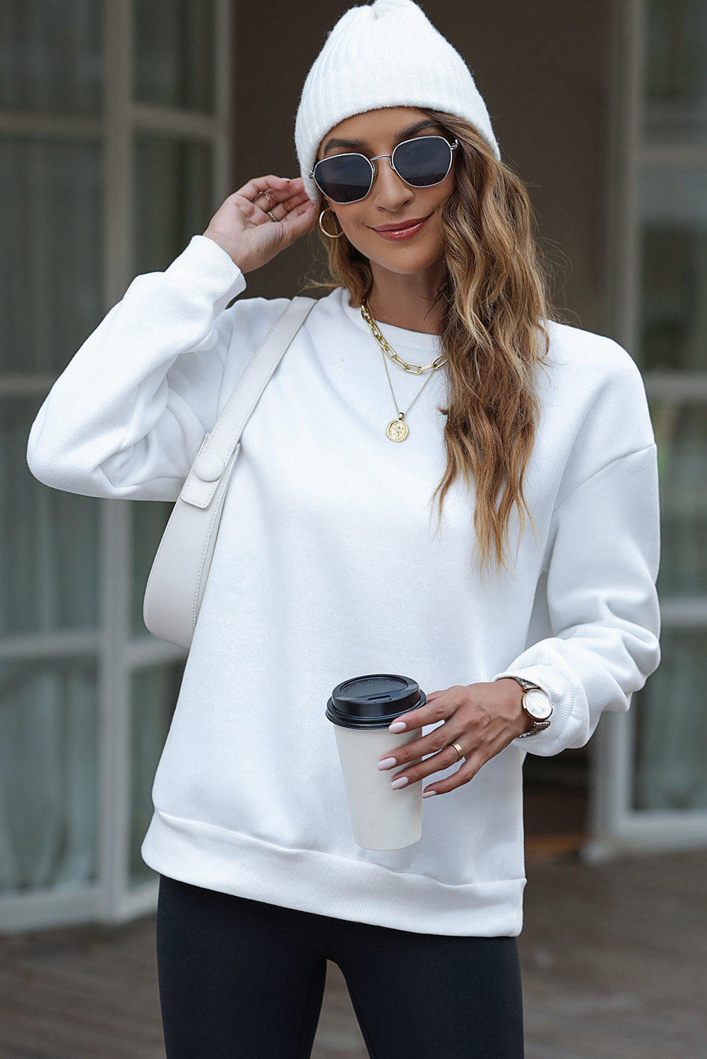 White XOXO Glitter Chenille Cable Knit Pullover Sweatshirt