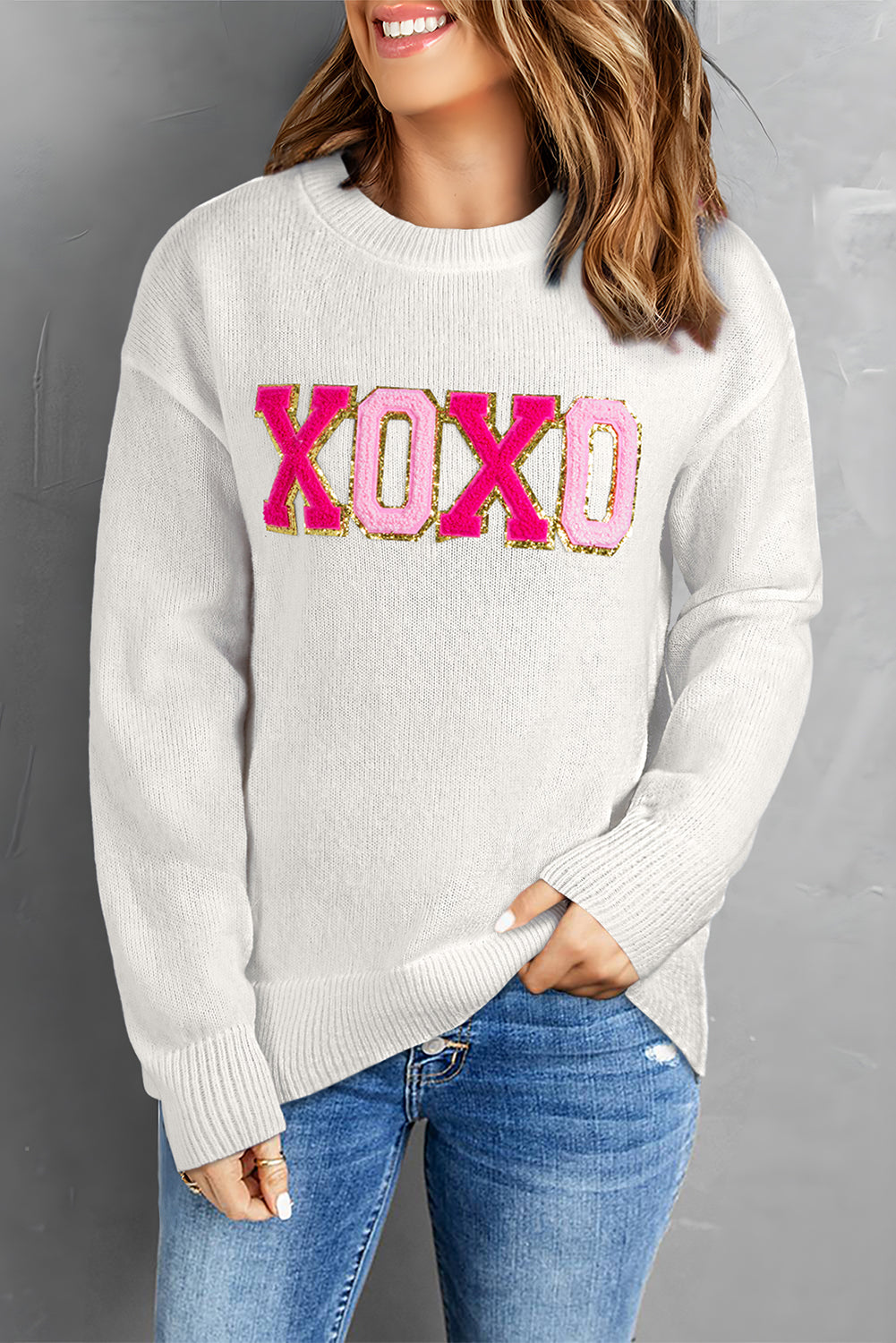 Glitter Print Round Neck Casual Sweater